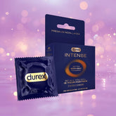 A Durex Intense Nitrile (Non-Latex) Condoms box and a single wrapped condom are displayed against a purple background with soft glowing lights, showcasing "better body-heat transfer," "ultra thin," and "premium non-latex" features.